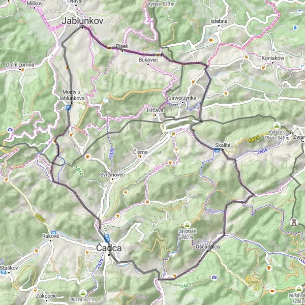 Map miniature of "Oščadnica Loop" cycling inspiration in Stredné Slovensko, Slovakia. Generated by Tarmacs.app cycling route planner