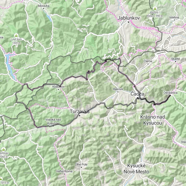 Miniaturní mapa "Srdce Kysúc (Silniční kolo)" inspirace pro cyklisty v oblasti Stredné Slovensko, Slovakia. Vytvořeno pomocí plánovače tras Tarmacs.app