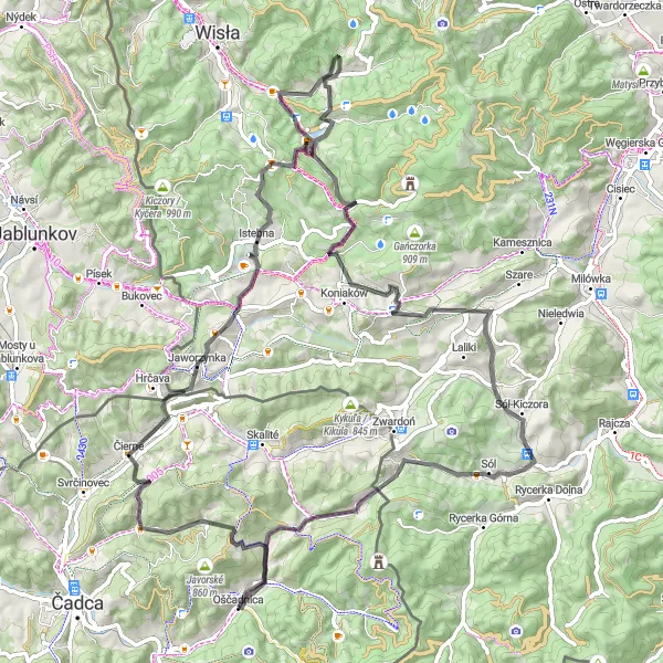 Miniaturní mapa "Cyklistická trasa Beskydy" inspirace pro cyklisty v oblasti Stredné Slovensko, Slovakia. Vytvořeno pomocí plánovače tras Tarmacs.app