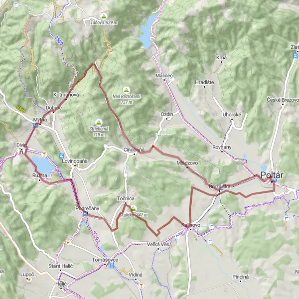 Map miniature of "Around the Hills of Poltár" cycling inspiration in Stredné Slovensko, Slovakia. Generated by Tarmacs.app cycling route planner