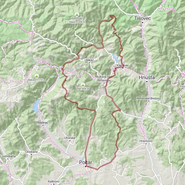 Map miniature of "Poltár - Cisárska hoľa Gravel Route" cycling inspiration in Stredné Slovensko, Slovakia. Generated by Tarmacs.app cycling route planner