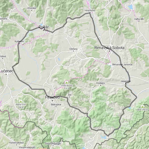 Map miniature of "Road Route from Poltár to Dubno" cycling inspiration in Stredné Slovensko, Slovakia. Generated by Tarmacs.app cycling route planner