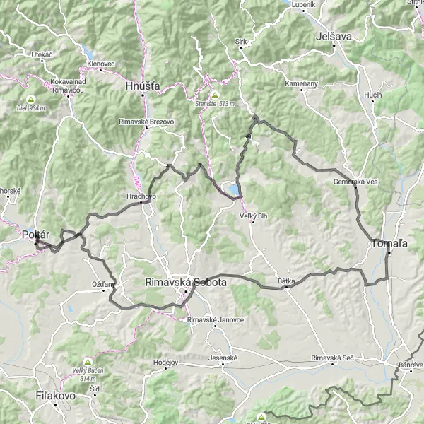 Miniaturní mapa "Okružní cyklistická trasa od Poltáru" inspirace pro cyklisty v oblasti Stredné Slovensko, Slovakia. Vytvořeno pomocí plánovače tras Tarmacs.app