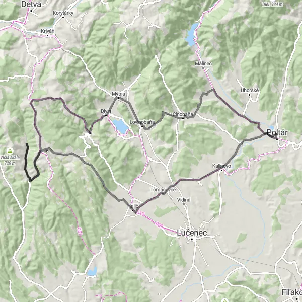 Miniatura mapy "Trasa road przez Breznička, Háj, Polichno i Timravský vrch" - trasy rowerowej w Stredné Slovensko, Slovakia. Wygenerowane przez planer tras rowerowych Tarmacs.app