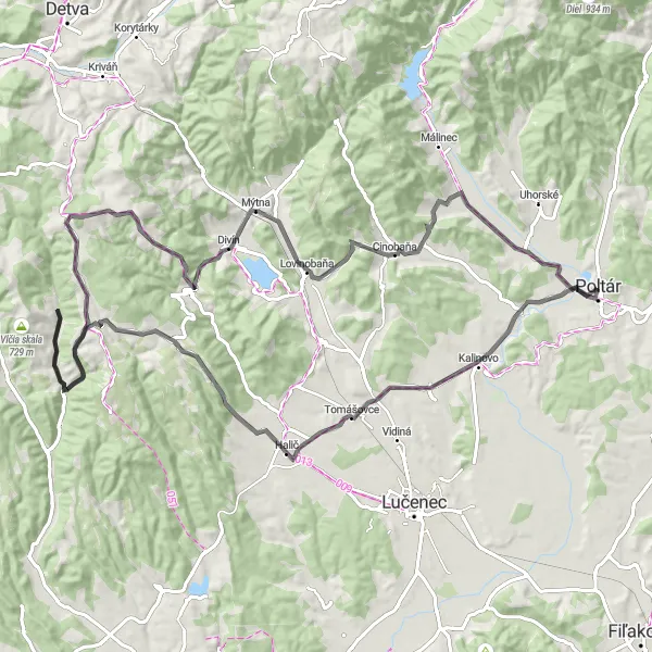 Mapa miniatúra "Cyklotúra okolo Poltára cez Timravský vrch a Divín" cyklistická inšpirácia v Stredné Slovensko, Slovakia. Vygenerované cyklistickým plánovačom trás Tarmacs.app