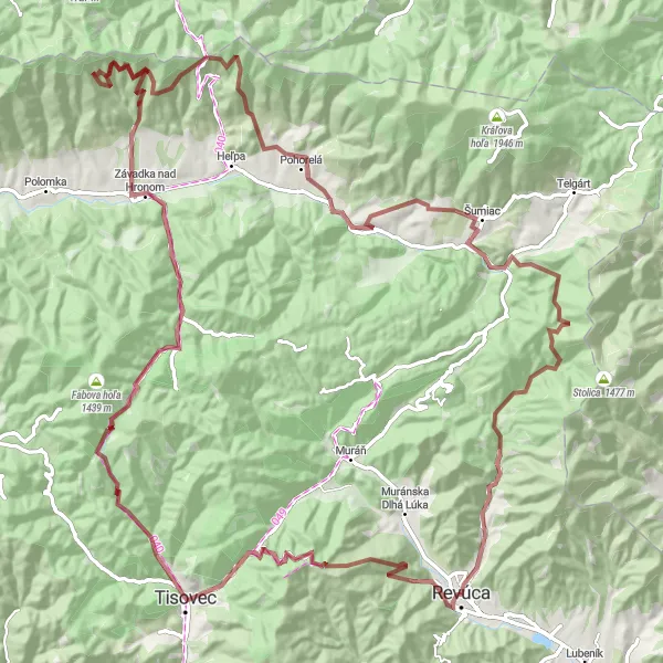 Miniaturní mapa "Okružní cyklistická trasa z Revúce" inspirace pro cyklisty v oblasti Stredné Slovensko, Slovakia. Vytvořeno pomocí plánovače tras Tarmacs.app