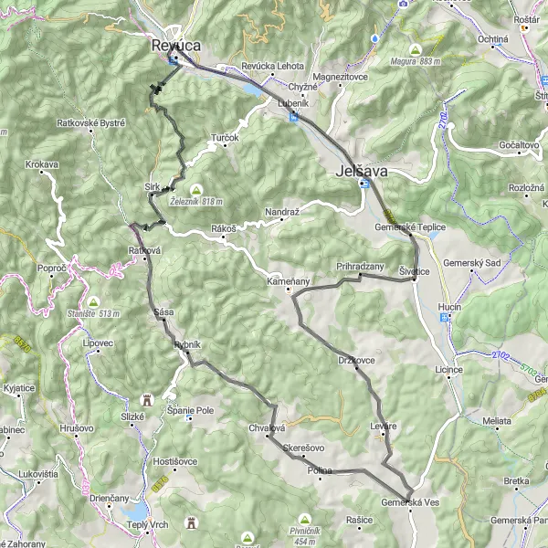 Miniaturní mapa "Cyklotrasa kolem Revúce a okolí" inspirace pro cyklisty v oblasti Stredné Slovensko, Slovakia. Vytvořeno pomocí plánovače tras Tarmacs.app