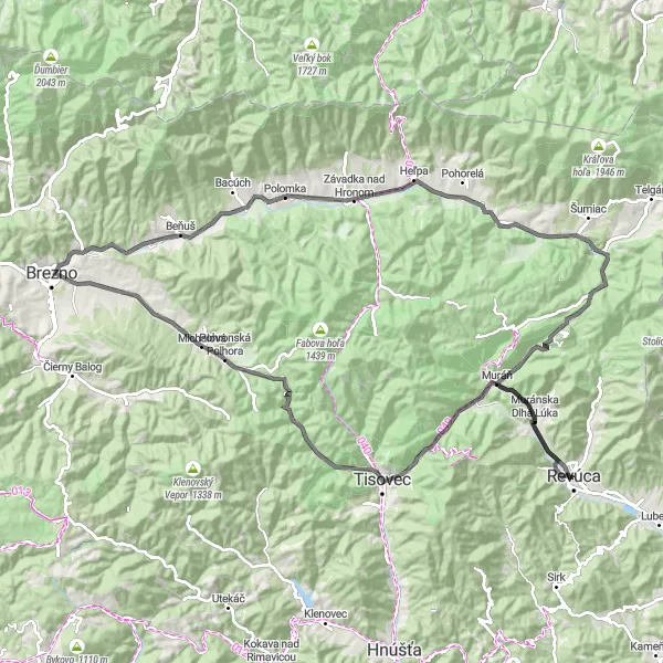 Miniaturní mapa "Road Bike Expedition okolo Revúce" inspirace pro cyklisty v oblasti Stredné Slovensko, Slovakia. Vytvořeno pomocí plánovače tras Tarmacs.app