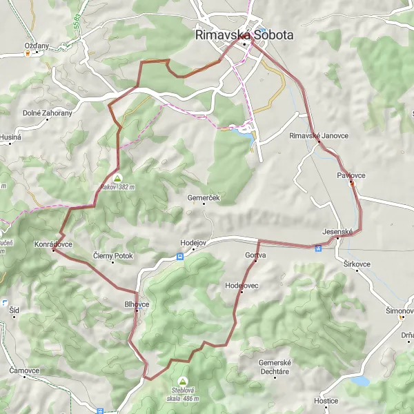 Map miniature of "Gravel Rimavská Sobota Circuit" cycling inspiration in Stredné Slovensko, Slovakia. Generated by Tarmacs.app cycling route planner