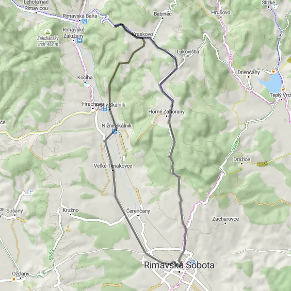 Map miniature of "Veľké Teriakovce and Historic Castles" cycling inspiration in Stredné Slovensko, Slovakia. Generated by Tarmacs.app cycling route planner