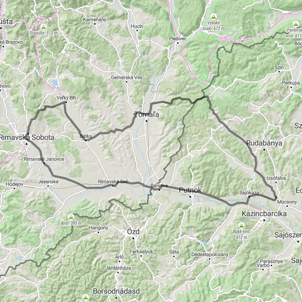 Miniaturní mapa "Banka - Rimavská Sobota Road Bike Route" inspirace pro cyklisty v oblasti Stredné Slovensko, Slovakia. Vytvořeno pomocí plánovače tras Tarmacs.app