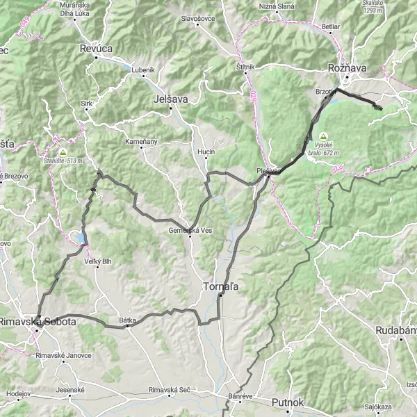 Map miniature of "Rimavská Sobota Loop" cycling inspiration in Stredné Slovensko, Slovakia. Generated by Tarmacs.app cycling route planner