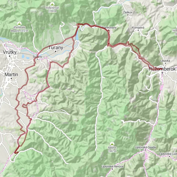 Map miniature of "Malá Fatra Gravel Adventure" cycling inspiration in Stredné Slovensko, Slovakia. Generated by Tarmacs.app cycling route planner