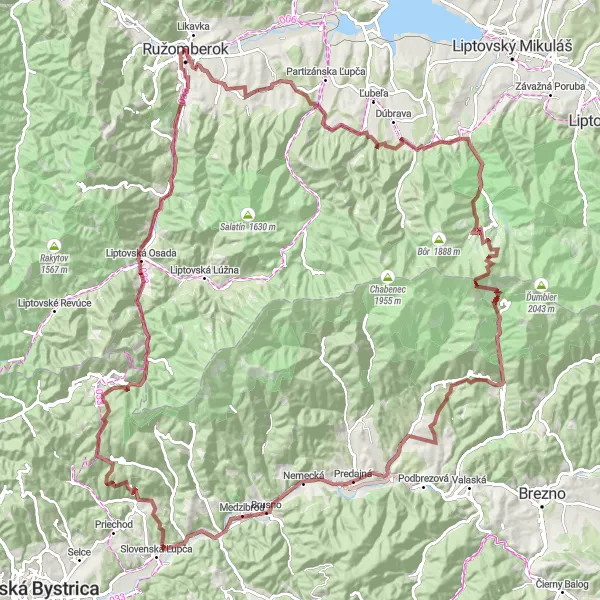 Map miniature of "The Gravel Gem" cycling inspiration in Stredné Slovensko, Slovakia. Generated by Tarmacs.app cycling route planner