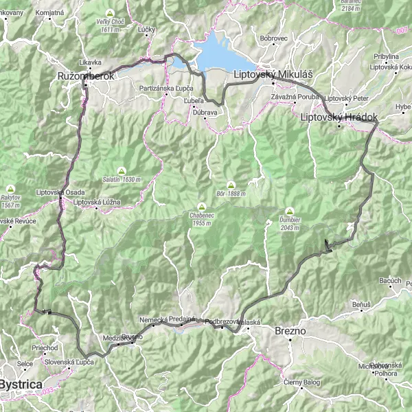 Map miniature of "Liptov Highlands Circuit" cycling inspiration in Stredné Slovensko, Slovakia. Generated by Tarmacs.app cycling route planner