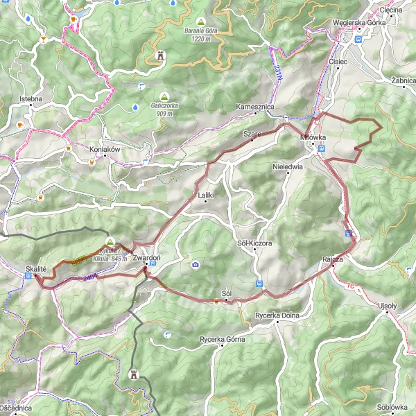 Miniaturní mapa "Gravelový okruh - Grúň - Laliki - Kopiec - Zwardoň - Skaľanka - Nad Potokom" inspirace pro cyklisty v oblasti Stredné Slovensko, Slovakia. Vytvořeno pomocí plánovače tras Tarmacs.app