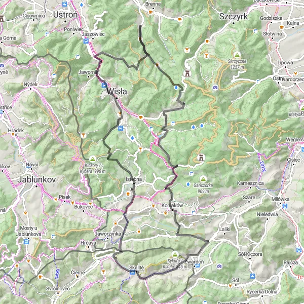 Mapa miniatúra "Cyklovýlet okolo Wisły" cyklistická inšpirácia v Stredné Slovensko, Slovakia. Vygenerované cyklistickým plánovačom trás Tarmacs.app
