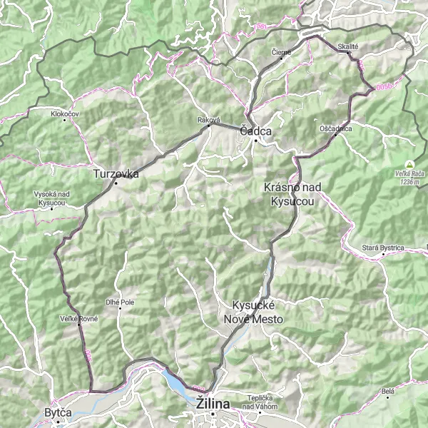 Miniaturní mapa "Okruh Kysuce" inspirace pro cyklisty v oblasti Stredné Slovensko, Slovakia. Vytvořeno pomocí plánovače tras Tarmacs.app