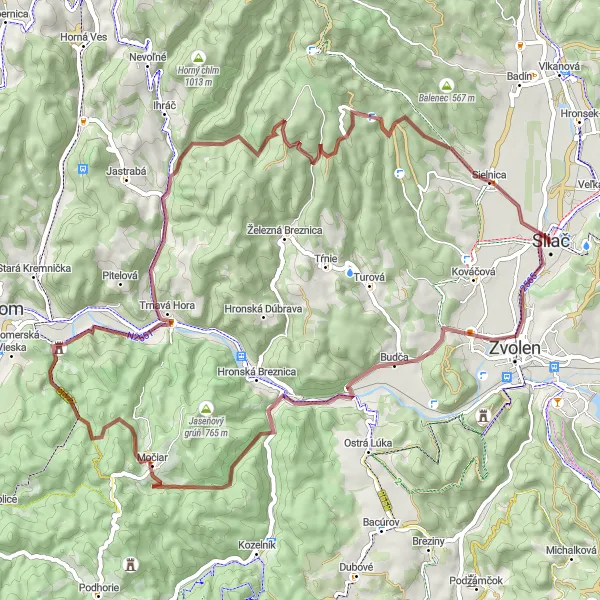 Mapa miniatúra "Gravel okolo Zvolena" cyklistická inšpirácia v Stredné Slovensko, Slovakia. Vygenerované cyklistickým plánovačom trás Tarmacs.app