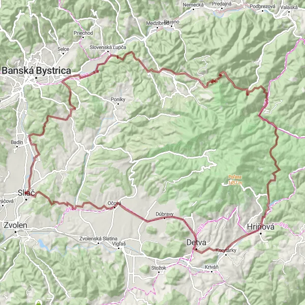 Map miniature of "Sliač Epic Gravel Adventure" cycling inspiration in Stredné Slovensko, Slovakia. Generated by Tarmacs.app cycling route planner