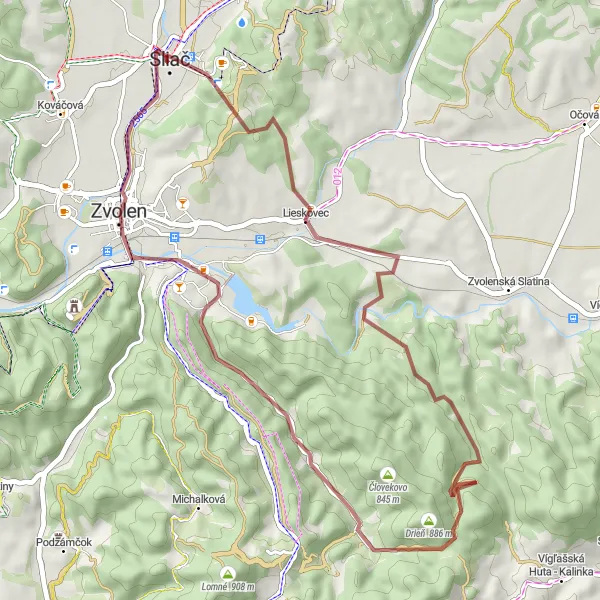 Mapa miniatúra "Gravel za Skalicou" cyklistická inšpirácia v Stredné Slovensko, Slovakia. Vygenerované cyklistickým plánovačom trás Tarmacs.app