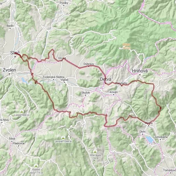 Map miniature of "The Gravel Adventure Loop" cycling inspiration in Stredné Slovensko, Slovakia. Generated by Tarmacs.app cycling route planner