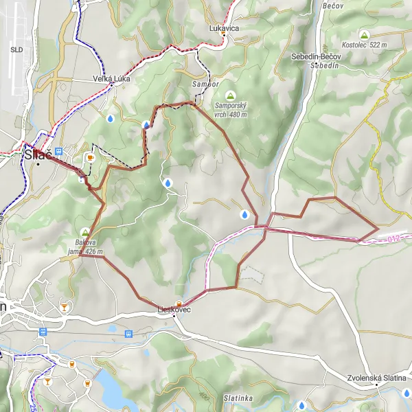 Map miniature of "Biela studňa - Sampor - Bakova jama Gravel Cycling Route" cycling inspiration in Stredné Slovensko, Slovakia. Generated by Tarmacs.app cycling route planner