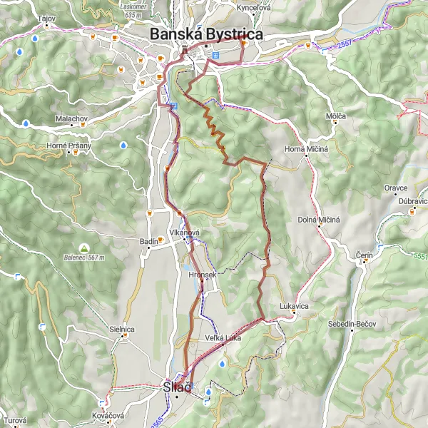 Map miniature of "Vlkanová - Banská Bystrica - Turíčka - Kozlinec - Veľká Lúka Gravel Cycling Route" cycling inspiration in Stredné Slovensko, Slovakia. Generated by Tarmacs.app cycling route planner