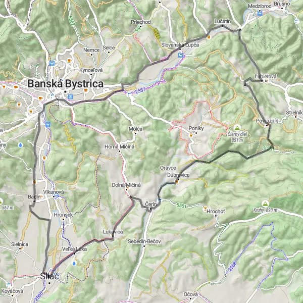 Mapa miniatúra "Cyklotúra v blízkosti Sliača cez Slovenskú Ľupču a Povrazník" cyklistická inšpirácia v Stredné Slovensko, Slovakia. Vygenerované cyklistickým plánovačom trás Tarmacs.app