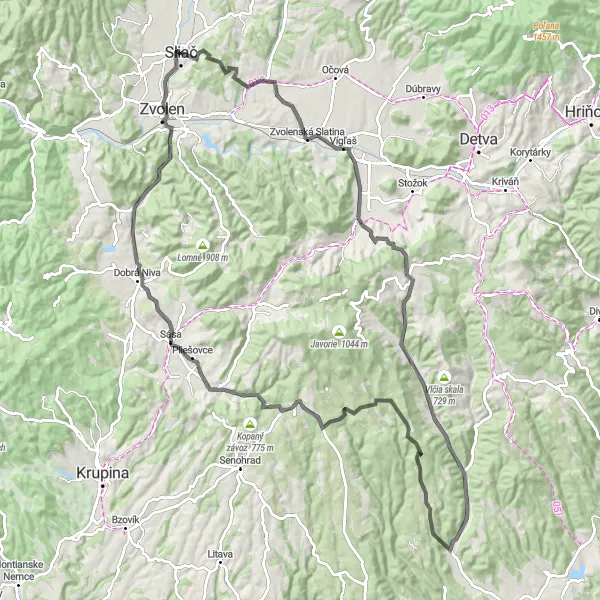 Map miniature of "The Hillside Adventure" cycling inspiration in Stredné Slovensko, Slovakia. Generated by Tarmacs.app cycling route planner