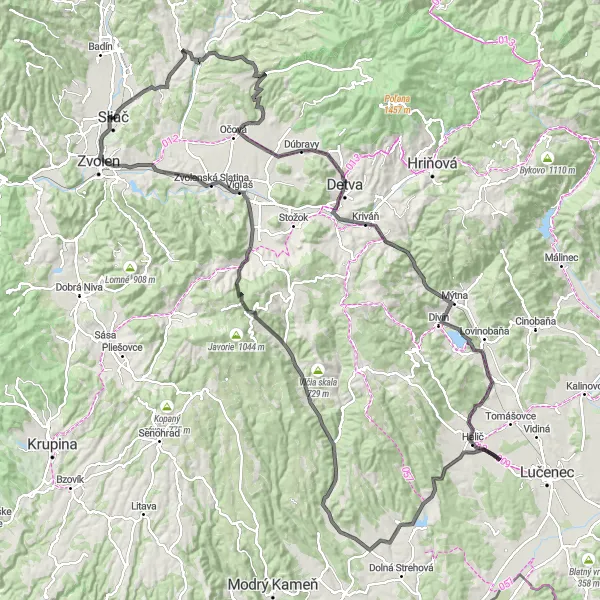 Mapa miniatúra "Cestná cyklotrasa cez Veľkú Lúku a Zvolen" cyklistická inšpirácia v Stredné Slovensko, Slovakia. Vygenerované cyklistickým plánovačom trás Tarmacs.app