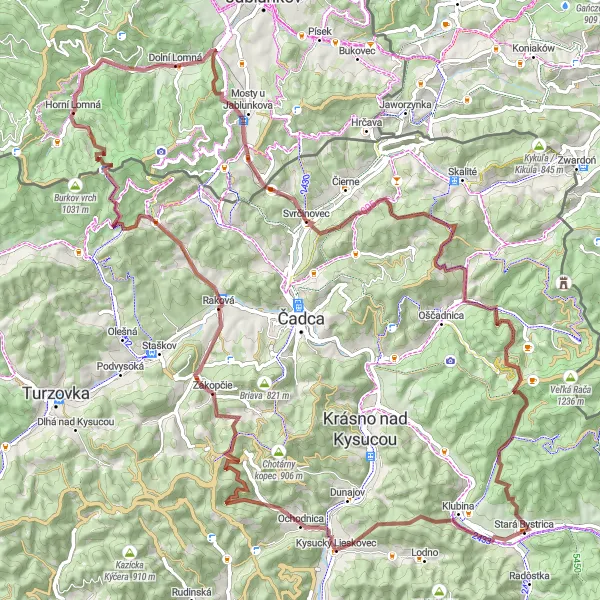 Mapa miniatúra "Gravel Kysucký Lieskovec - Jaseň" cyklistická inšpirácia v Stredné Slovensko, Slovakia. Vygenerované cyklistickým plánovačom trás Tarmacs.app