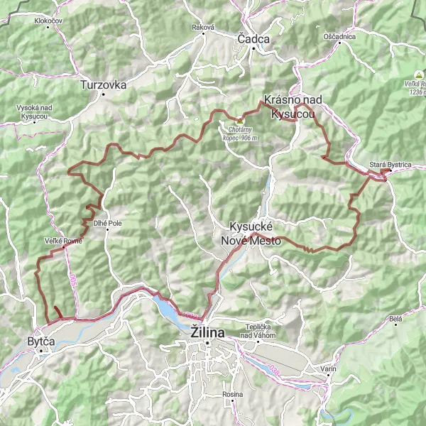 Map miniature of "Kysuce Gravel Adventure" cycling inspiration in Stredné Slovensko, Slovakia. Generated by Tarmacs.app cycling route planner