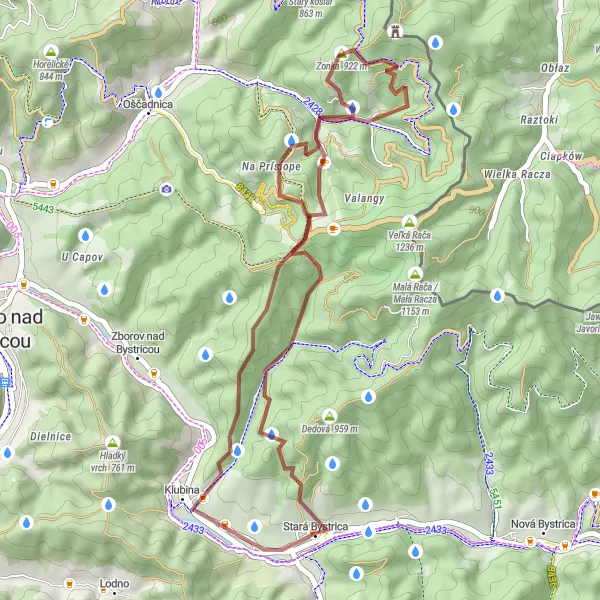 Map miniature of "Stará Bystrica - Dedová - Jaseň - Slovenský orloj" cycling inspiration in Stredné Slovensko, Slovakia. Generated by Tarmacs.app cycling route planner