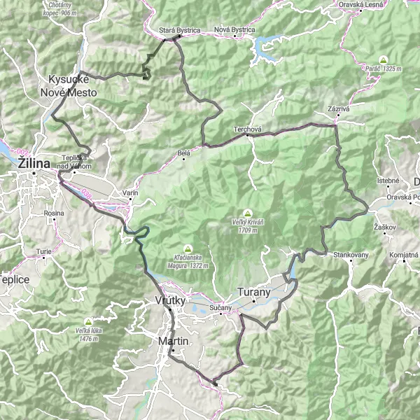 Map miniature of "Adventurous Road Tour" cycling inspiration in Stredné Slovensko, Slovakia. Generated by Tarmacs.app cycling route planner