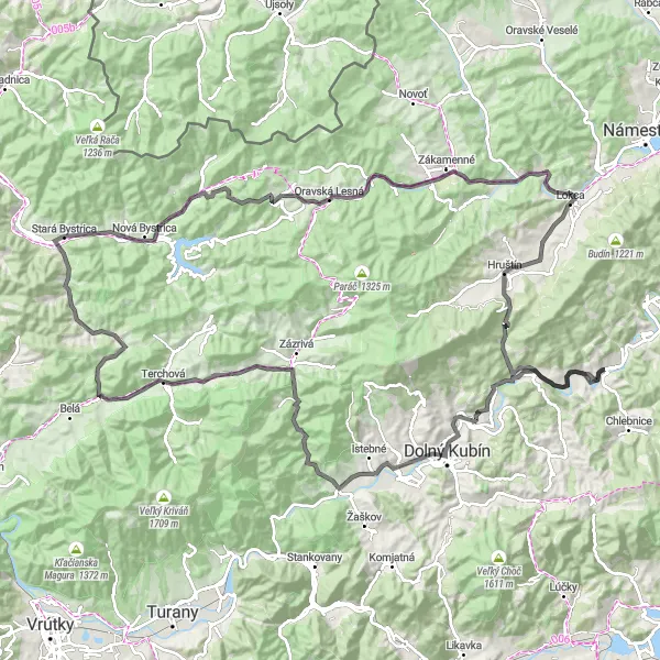 Map miniature of "Orava Loop" cycling inspiration in Stredné Slovensko, Slovakia. Generated by Tarmacs.app cycling route planner