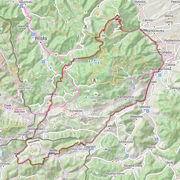 Map miniature of "Gravel loop around Svrčinovec via Hrčava and Skrzyczne" cycling inspiration in Stredné Slovensko, Slovakia. Generated by Tarmacs.app cycling route planner