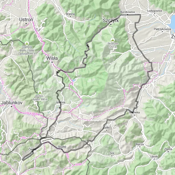 Map miniature of "The Beskidy Challenge" cycling inspiration in Stredné Slovensko, Slovakia. Generated by Tarmacs.app cycling route planner