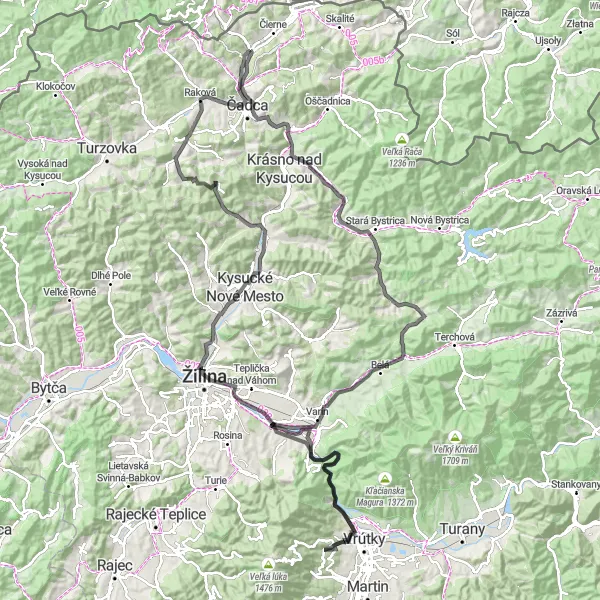 Miniatura mapy "Przejażdżka szosowa w okolicach Svrčinovec - Malownicze krajobrazy" - trasy rowerowej w Stredné Slovensko, Slovakia. Wygenerowane przez planer tras rowerowych Tarmacs.app