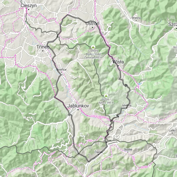 Miniaturní mapa "Silniční cyklistická trasa Jablunkov Pass - Hrčava" inspirace pro cyklisty v oblasti Stredné Slovensko, Slovakia. Vytvořeno pomocí plánovače tras Tarmacs.app
