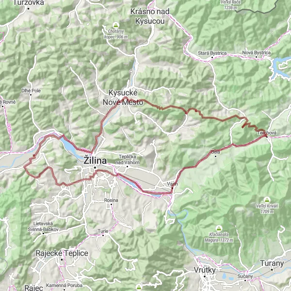 Map miniature of "Mystical Treasures Gravel Ride" cycling inspiration in Stredné Slovensko, Slovakia. Generated by Tarmacs.app cycling route planner