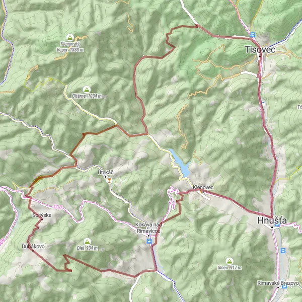 Miniaturní mapa "Gravelový okruh z Tisovce" inspirace pro cyklisty v oblasti Stredné Slovensko, Slovakia. Vytvořeno pomocí plánovače tras Tarmacs.app
