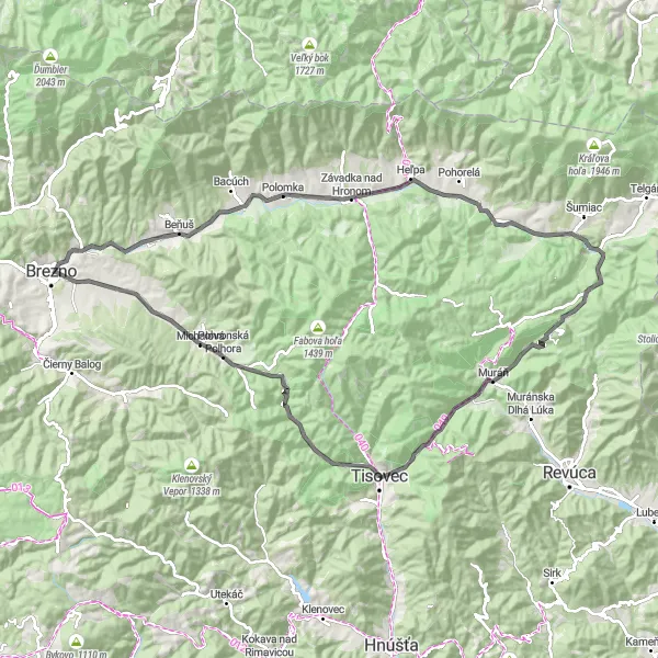 Miniaturní mapa "Okruh kolem Tisovce a okolí" inspirace pro cyklisty v oblasti Stredné Slovensko, Slovakia. Vytvořeno pomocí plánovače tras Tarmacs.app