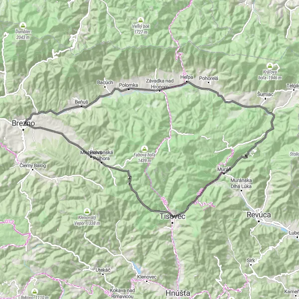 Mapa miniatúra "Challenging Road Circuit through Muránska Huta" cyklistická inšpirácia v Stredné Slovensko, Slovakia. Vygenerované cyklistickým plánovačom trás Tarmacs.app