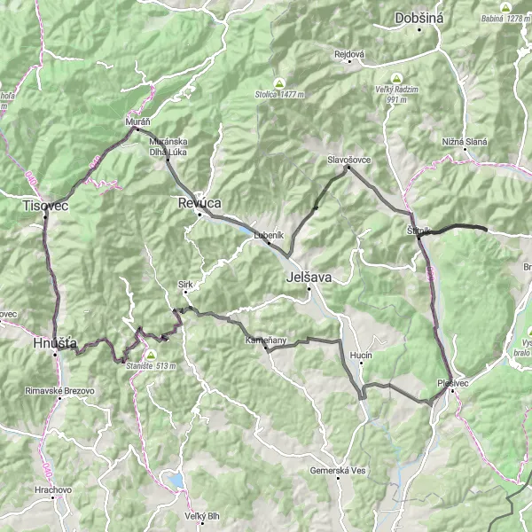 Miniaturní mapa "Okruh kolem Tisovce" inspirace pro cyklisty v oblasti Stredné Slovensko, Slovakia. Vytvořeno pomocí plánovače tras Tarmacs.app