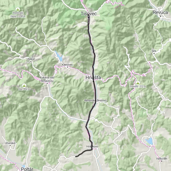 Miniaturní mapa "Koleje okolo Tisovce" inspirace pro cyklisty v oblasti Stredné Slovensko, Slovakia. Vytvořeno pomocí plánovače tras Tarmacs.app