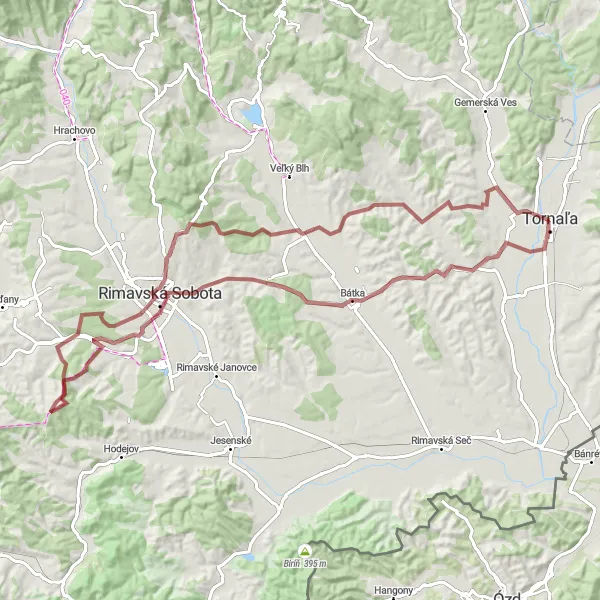 Miniaturní mapa "Trasa okolo Tornaľa a Mušího vrchu" inspirace pro cyklisty v oblasti Stredné Slovensko, Slovakia. Vytvořeno pomocí plánovače tras Tarmacs.app