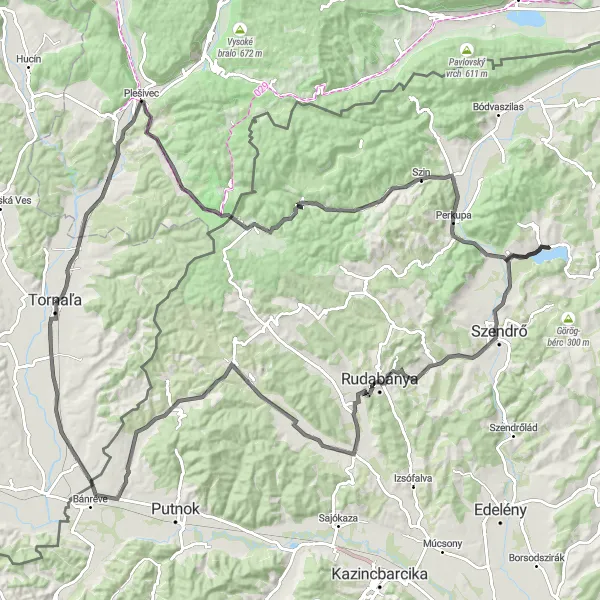 Miniaturní mapa "Cyklistická trasa kolem Tornaľe" inspirace pro cyklisty v oblasti Stredné Slovensko, Slovakia. Vytvořeno pomocí plánovače tras Tarmacs.app