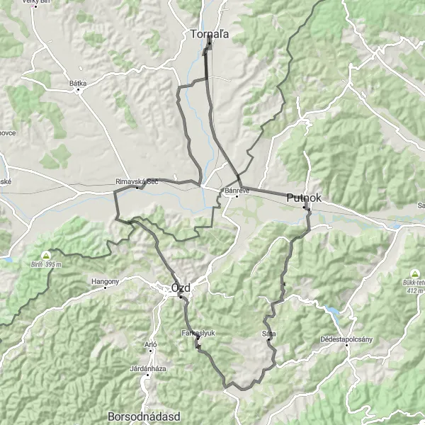 Map miniature of "Tornaľa to Včelince Loop" cycling inspiration in Stredné Slovensko, Slovakia. Generated by Tarmacs.app cycling route planner