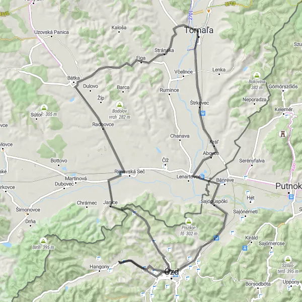 Mapa miniatúra "Cyklotrasa Riečka - Ózd s výhľadom z Akasztó-hegy" cyklistická inšpirácia v Stredné Slovensko, Slovakia. Vygenerované cyklistickým plánovačom trás Tarmacs.app